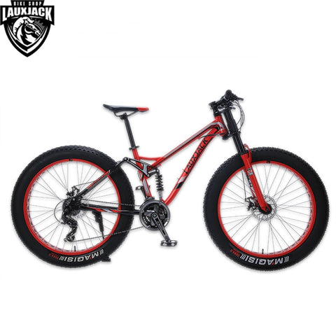 LAUXJACK Mountain Fat Bike Steel Frame Full Suspention 24 Speed Shimano Disc Brake 26"x4.0 Wheel Long Fork